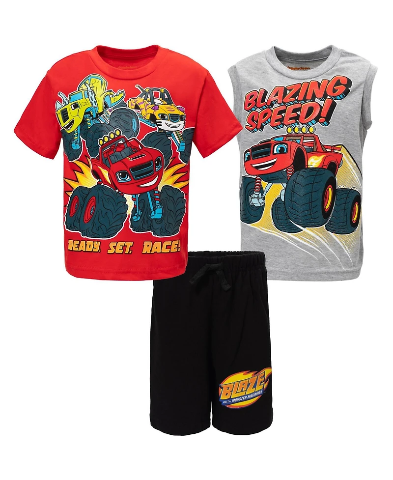 Blaze and the Monster Machines Little Boys Pullover T-Shirt Tank Top Bike Shorts French Terry 3 Piece Outfit Set