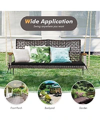 2-Person Patio Rattan Hanging Swing Chair Porch Loveseat Cushion Off White