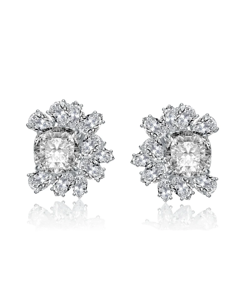 Sterling Silver 14k Gold Plated Cubic Zirconia Flower Cluster Stud Earrings