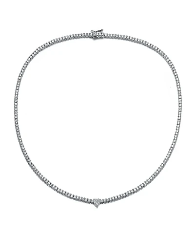 White Gold Plated with Clear Cubic Zirconia Tennis Necklace with Heart Centerpiece