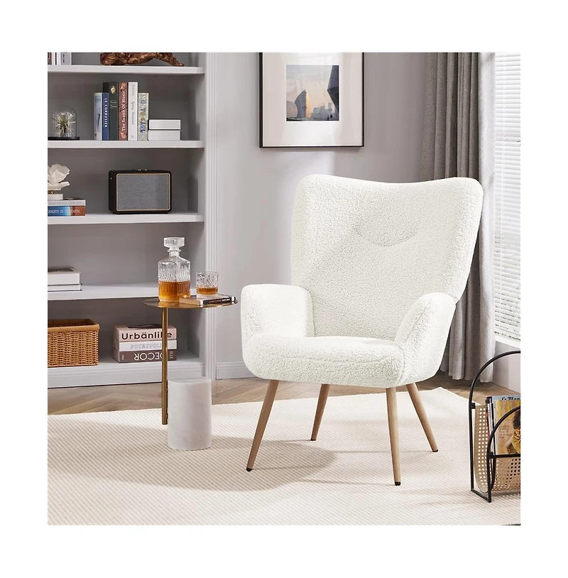 Yaheetech Faux Fur Fabric Boucle Accent Chair with Smiling Mouth Tufted High Back, Tapered Legs White