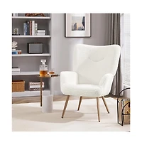 Yaheetech Faux Fur Fabric Boucle Accent Chair with Smiling Mouth Tufted High Back, Tapered Legs White