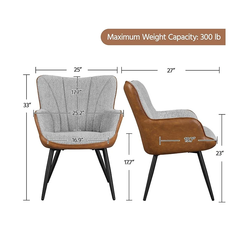 Yaheetech Modern Pleated Curved Back Boucle Fabric and Faux Leather Accent Chair Upholstered Armchair, Grey/ Retro Brown