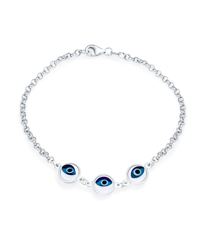 Bling Jewelry Turkish Spiritual Protection Amulet Station Chain Link Three Blue Evil Eye Charm Bracelet Sterling Silver 7.5 Inch