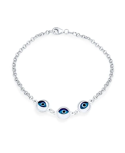 Bling Jewelry Turkish Spiritual Protection Amulet Station Chain Link Three Blue Evil Eye Charm Bracelet Sterling Silver 7.5 Inch