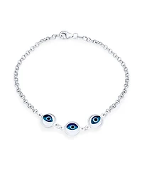 Bling Jewelry Turkish Spiritual Protection Amulet Station Chain Link Three Blue Evil Eye Charm Bracelet Sterling Silver 7.5 Inch