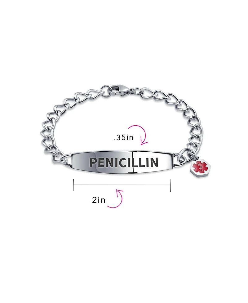 Bling Jewelry Penicillin Medical Identification Id Bracelet Miami Cuban Link Chain Stainless Steel 7.5 Inch