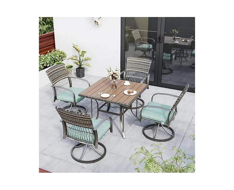 Pamapic 5-Piece Patio Outdoor Dining Set with Square Table and Rattan Swivel Chairs Green Cushion