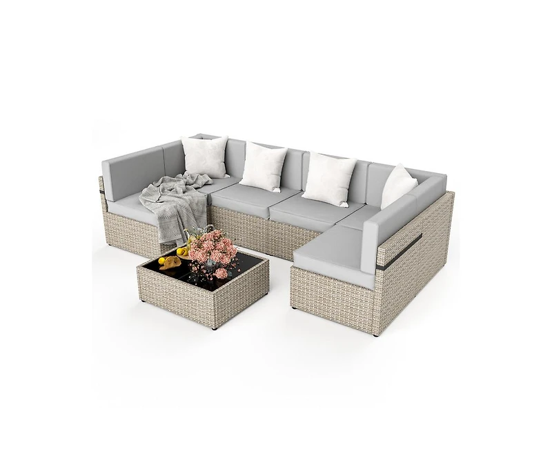 Gray 7-Piece Wicker Outdoor Sectional Set with Coffee Table and Cushions