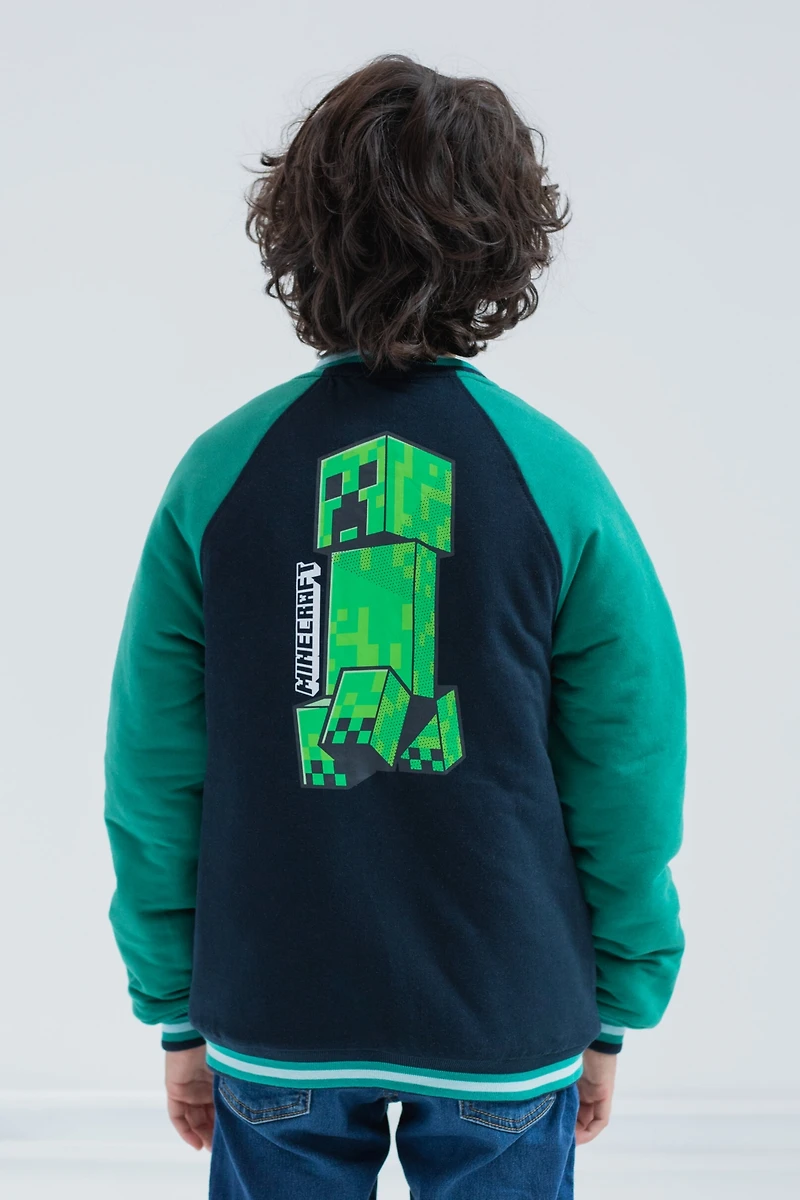 Minecraft Boys Creeper French Terry Zip Up Varsity Bomber Jacket