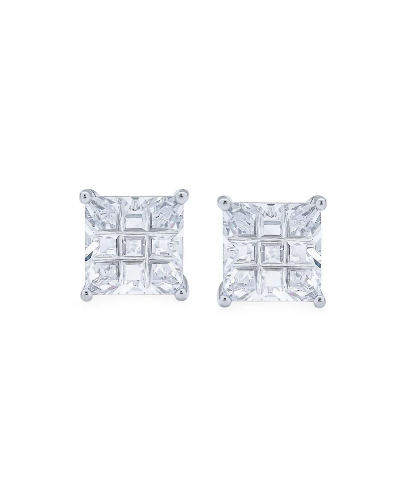 Bling Jewelry Invisible Cut Square Cz Checkboard Cubic Zirconia Prong Basket Set Stud Earrings .925 Sterling Silver