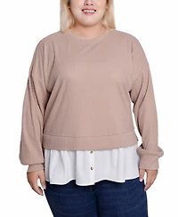 Ny Collection Plus Size Long Sleeve Two-Fer Top with Gathered Inset