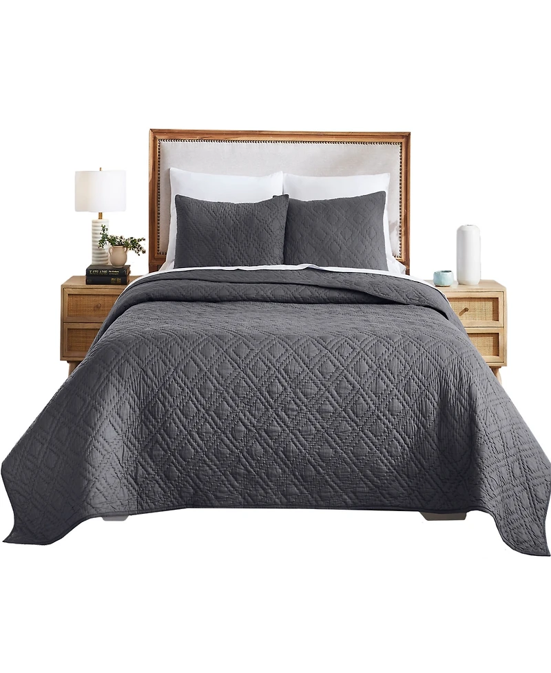 Hand-Quilted 100% Cotton Quilt Set, Pre-Softened, 3 Piece Quilt & Sham Set by California Design Den