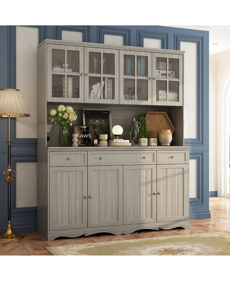 8-Shelves Gray Wooden Modern Bookcase Bookshelf with 3-Drawer