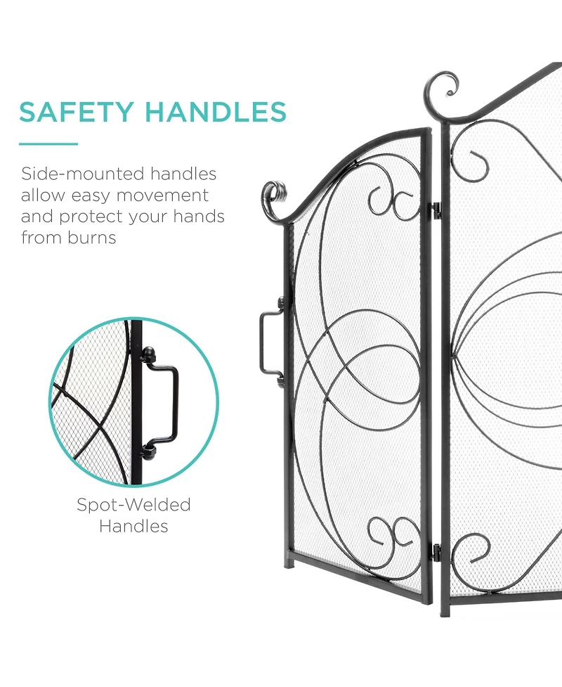 Best Choice Products 3-Panel 55x33in Wrought Iron Fireplace Safety Screen Decorative Scroll Spark Guard Cover