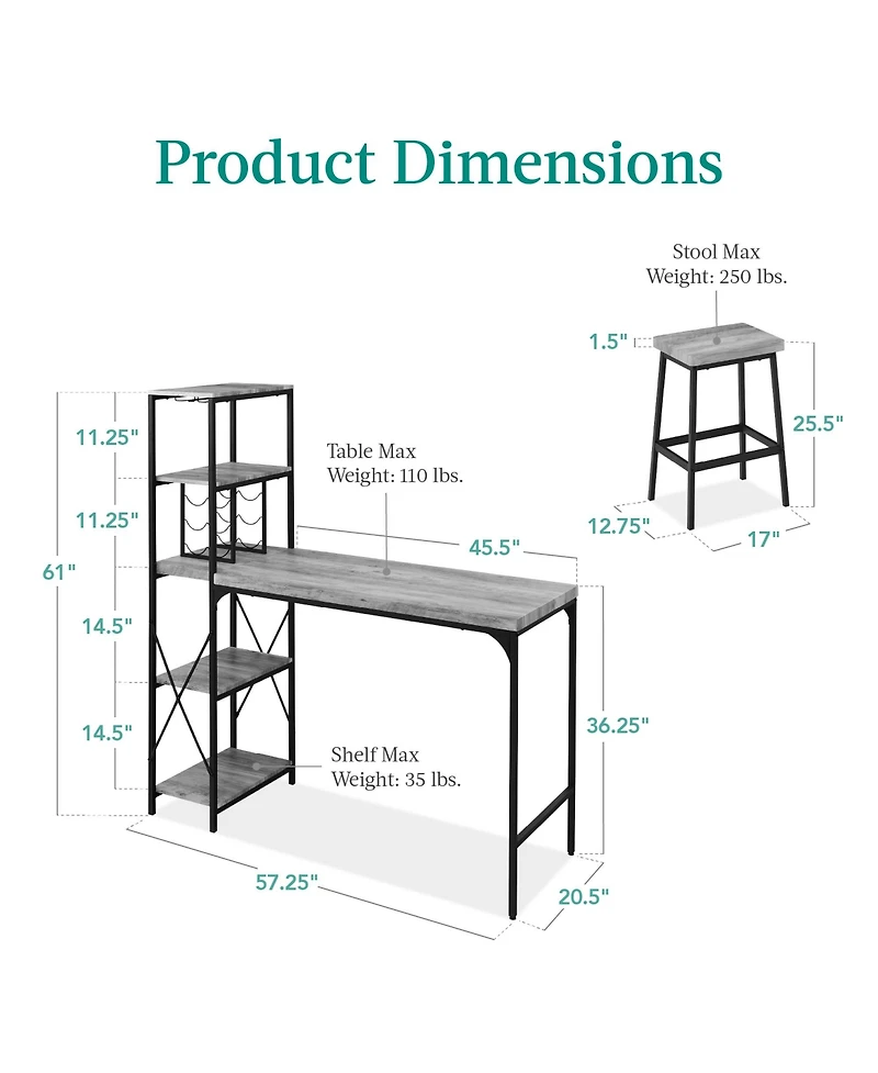 Best Choice Products 3-Piece Bar Height Dining Set w/ Bottle Rack, Glass Storage, 5 Shelves