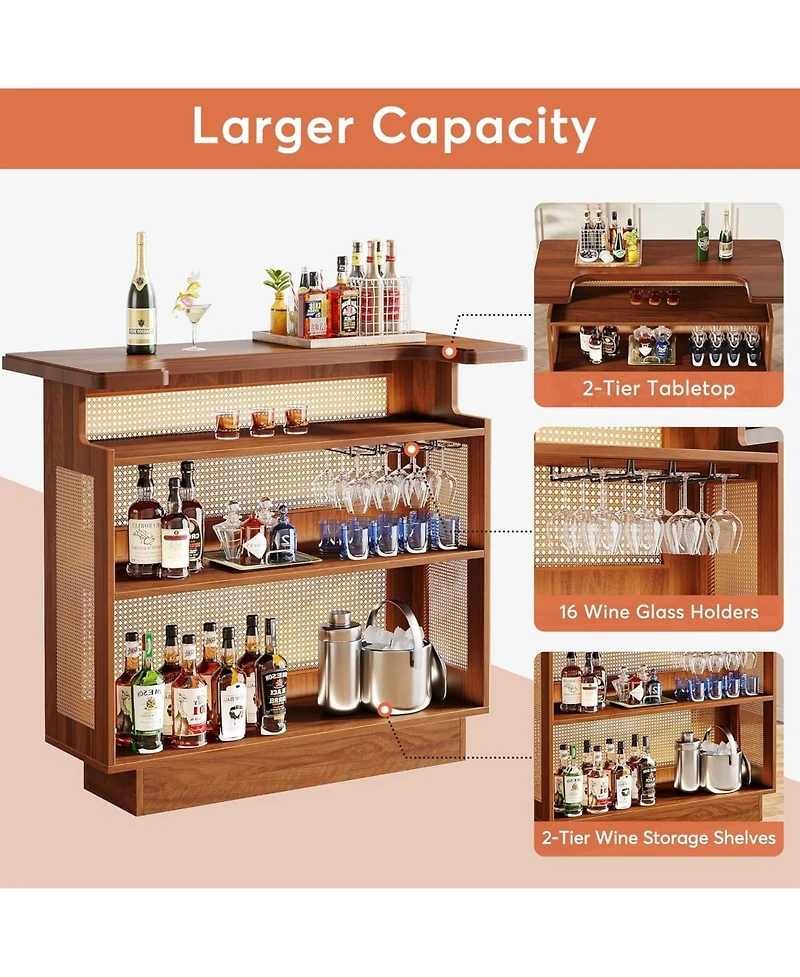 Tribesigns Rattan Home Bar Unit, Farmhouse 4-Tier Bar Table with 4 Stemware Racks and Heightened Base, Caramel Brown