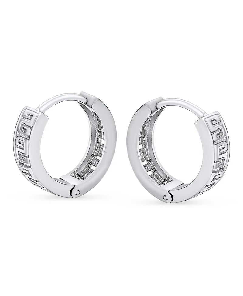 Bling Jewelry Cutout European Greek Key Design Huggie Hoop Earrings .925 Sterling Silver Hinged Diameter 0.65 Inch