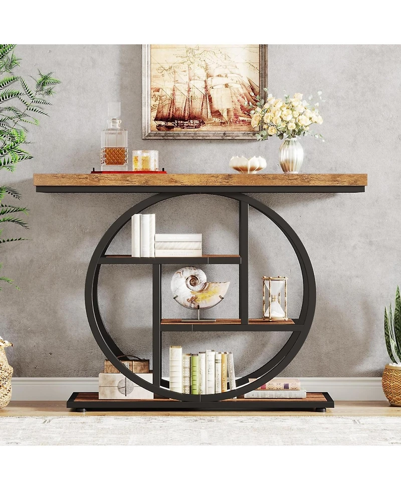 Tribesigns 41.3" Console Table, Industrial 4-Tier Sofa Table Entryway Table with Circle Base, Narrow Wood Accent Tables with Storage Shelves for Livin