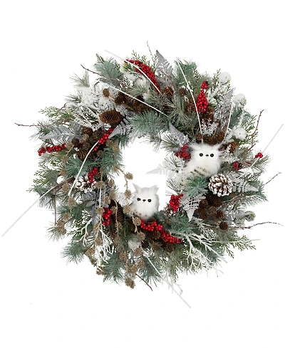 Northlight Snowy Pine Owls and Berries Artificial Christmas Wreath, 34" - Unlit