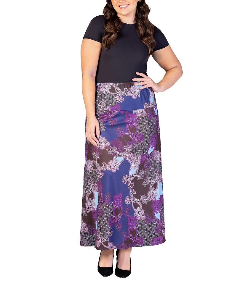 24seven Comfort Apparel Plus Size Elastic Waist Printed Maxi Skirt
