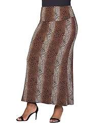 24seven Comfort Apparel Plus Fold Over Waist Printed Maxi Skirt