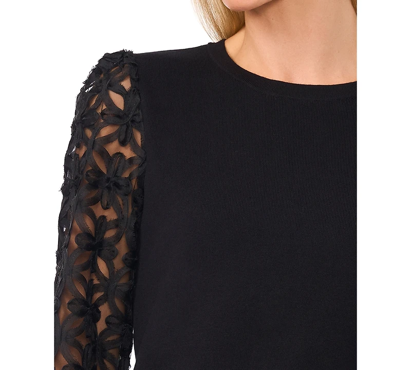 CeCe Women's 3D-Floral-Lace Mixed Media Sweater