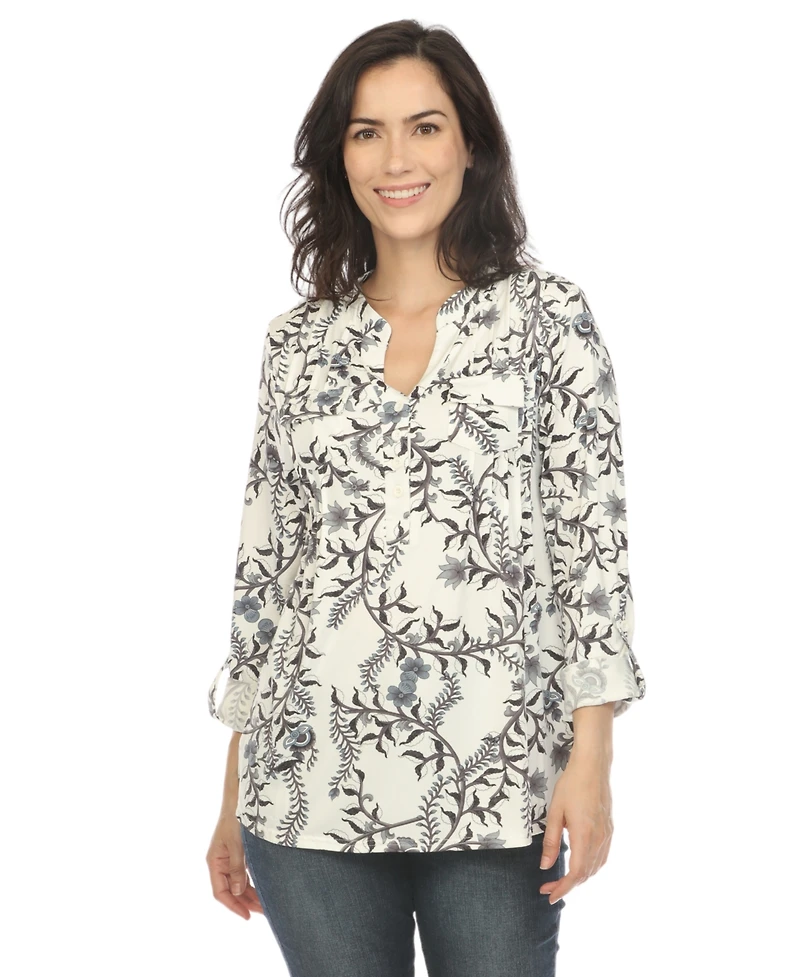 White Mark Women's Paisley Button Front Tunic Top