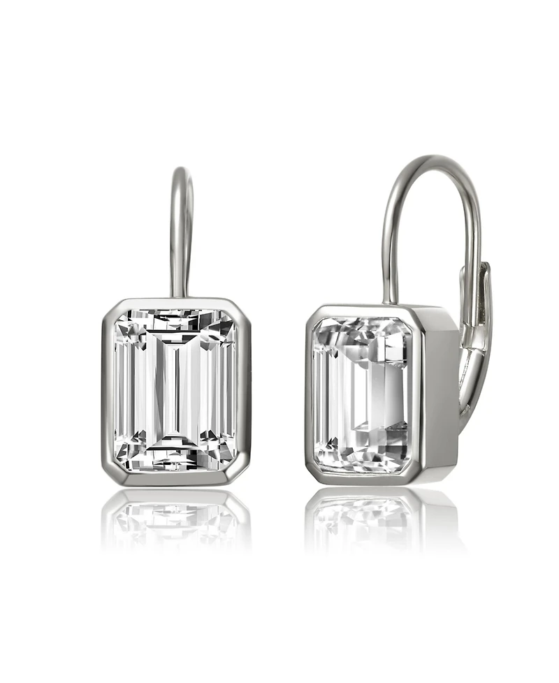 Sterling Silver Cubic Zirconia Baguette Drop Wire Back Earrings in White Gold Plated or 14k Gold Plated