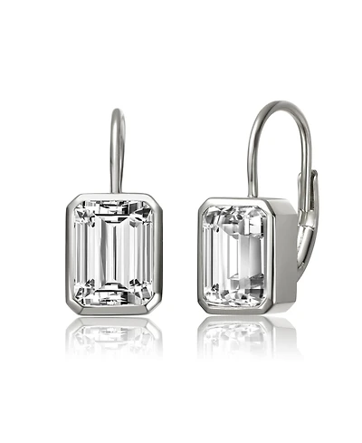 Sterling Silver Cubic Zirconia Baguette Drop Wire Back Earrings in White Gold Plated or 14k Gold Plated