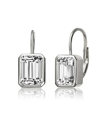 Sterling Silver Cubic Zirconia Baguette Drop Wire Back Earrings in White Gold Plated or 14k Gold Plated