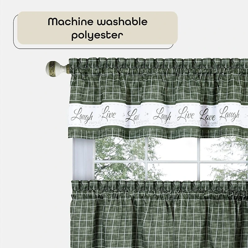 Kate Aurora Country Farmhouse Plaid Live laugh love 3 Piece Kitchen Curtain Set