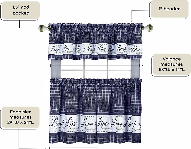 Kate Aurora Country Farmhouse Plaid Live laugh love 3 Piece Kitchen Curtain Set