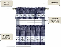 Kate Aurora Country Farmhouse Plaid Live laugh love 3 Piece Kitchen Curtain Set