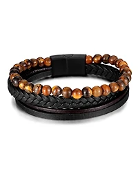 Rhona Sutton Black Tigers Eye Weaved Leather Stainless Steel Bracelet