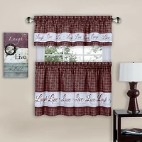 Kate Aurora Country Farmhouse Plaid Live laugh love 3 Piece Kitchen Curtain Set