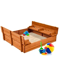 Best Choice Products 47x47-Inch Kids Wooden Outdoor Sandbox w/ 2 Foldable Bench Seats, Sand Protection, Liner