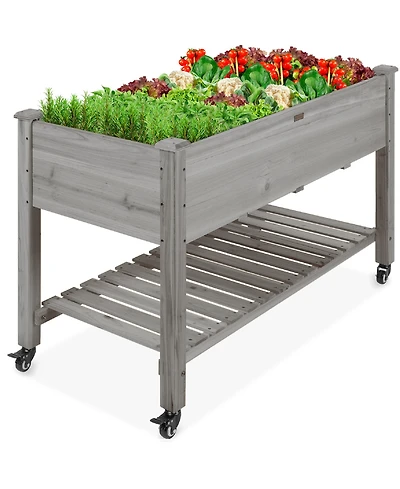 Best Choice Products Raised Garden Bed 48x23x32in Wood Mobile Elevated Planter w/ Wheel Locks, Shelf, Liner