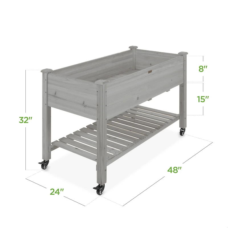 Best Choice Products Raised Garden Bed 48x23x32in Wood Mobile Elevated Planter w/ Wheel Locks, Shelf, Liner