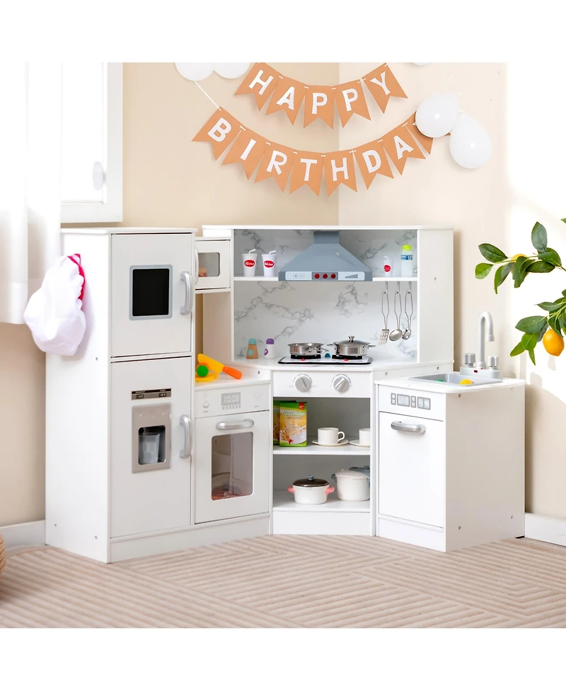 Gymax Kids Corner Kitchen Playset Wooden Pretend Play Toy with Microwave White