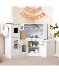 Gymax Kids Corner Kitchen Playset Wooden Pretend Play Toy with Microwave White