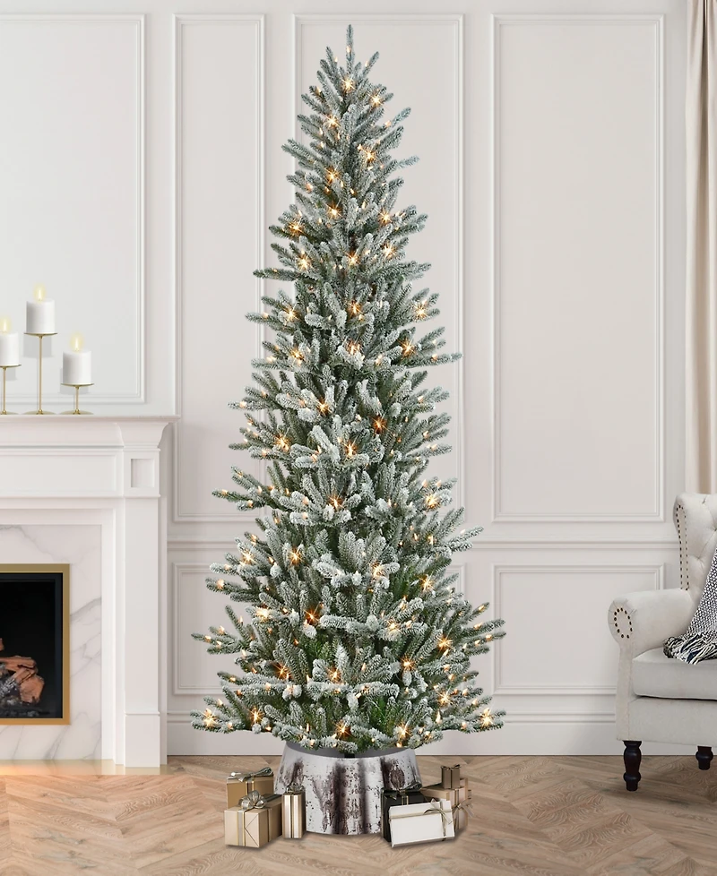 Puleo 7.5" Pre-Lit Flocked Franklin Fir Artificial Christmas Tree with Matching Skirt