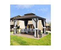 Pamapic 12 ft. x 14 ft. Metal Hardtop Gazebo with Curtains