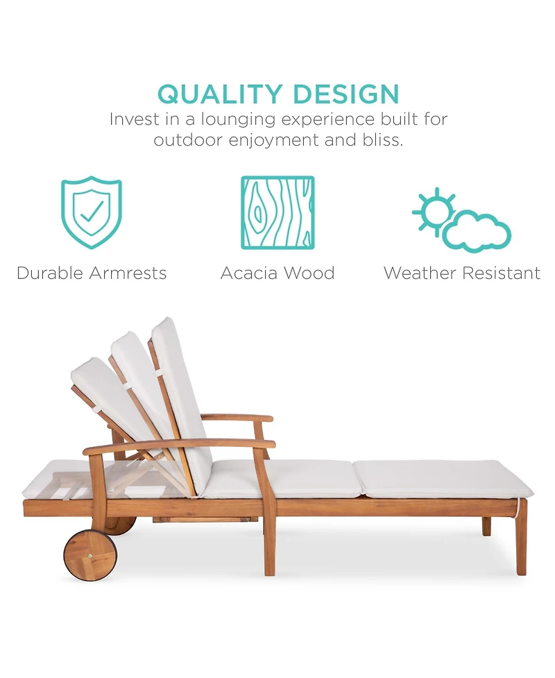 Best Choice Products 79x26in Acacia Wood Outdoor Chaise Lounge Chair w/ Adjustable Backrest, Table, Wheels