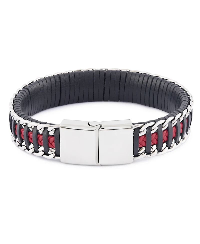 Rhona Sutton Black Red Leather with Chain Stainless Steel Bracelet