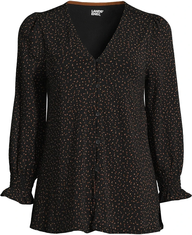Lands' End Women's 3/4 Sleeve Lightweight Jersey Button Front Top