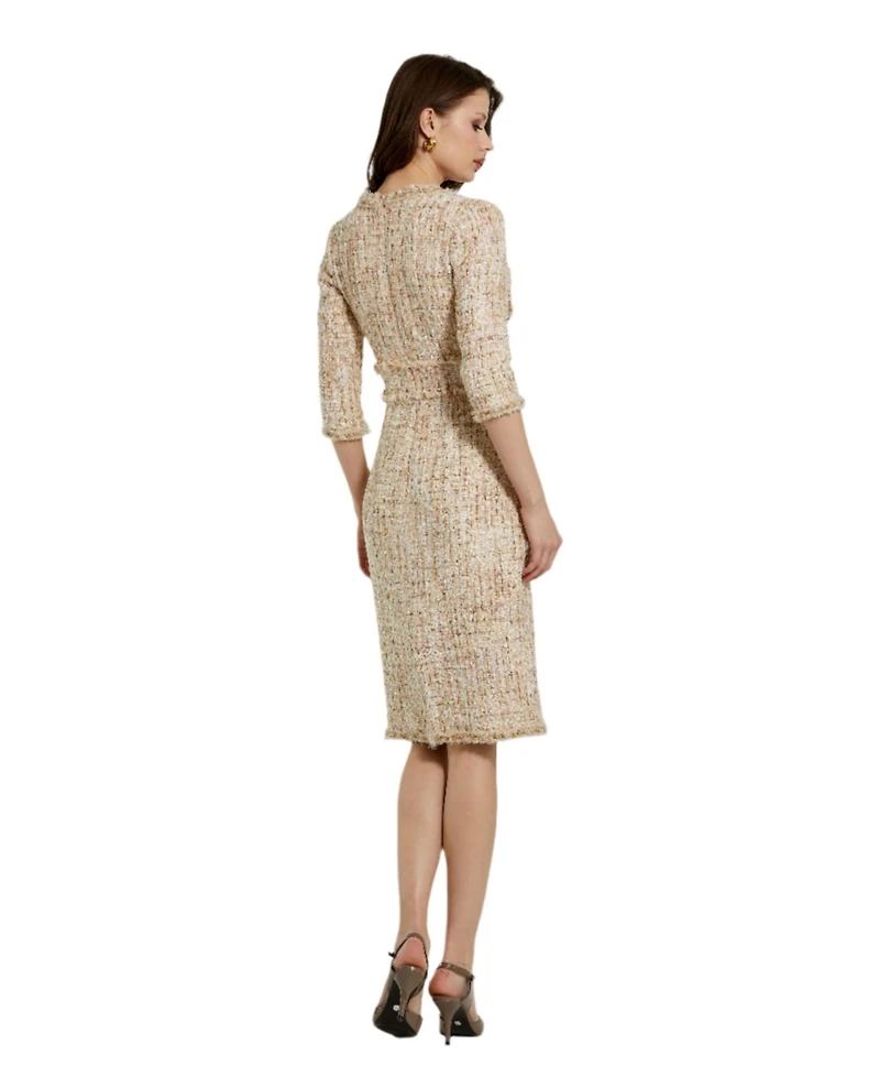 Mac Duggal Women's 3/4 Sleeve Beaded Trim Patch Pocket Dress