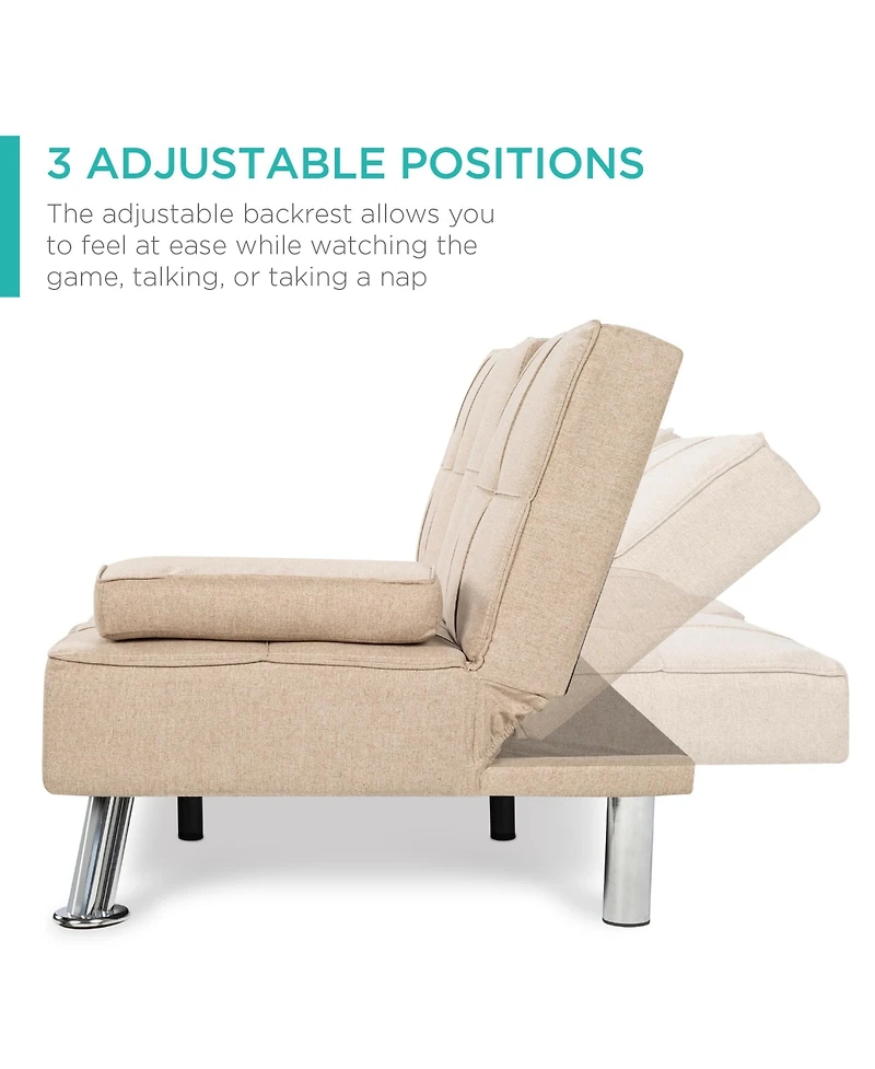 Best Choice Products Modern Linen Convertible Futon Sofa Bed w/ Removable Armrests, Metal Legs, Cupholders