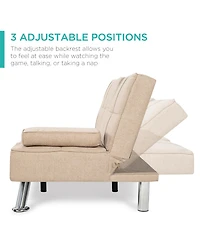 Best Choice Products Modern Linen Convertible Futon Sofa Bed w/ Removable Armrests, Metal Legs, Cupholders