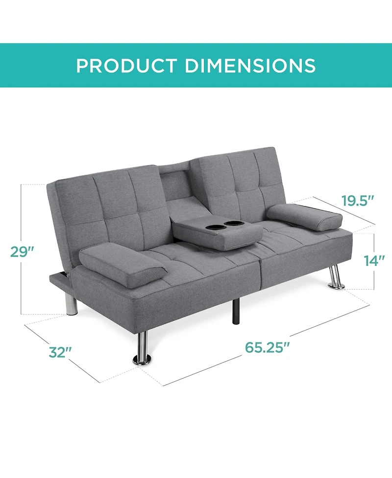 Best Choice Products Modern Linen Convertible Futon Sofa Bed w/ Removable Armrests, Metal Legs, Cupholders
